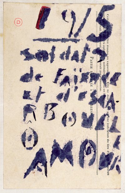 「粘土の兵士...」、「Case d&39;Armons」詩集の詩、1915年（紙にステンシルとインク） 作： Guillaume Apollinaire